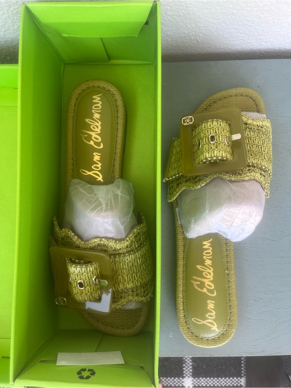 Sam Edelman Green Woven Slide Sandals with Decorative Buckle, Shoe Box included - Picture 3 of 8
